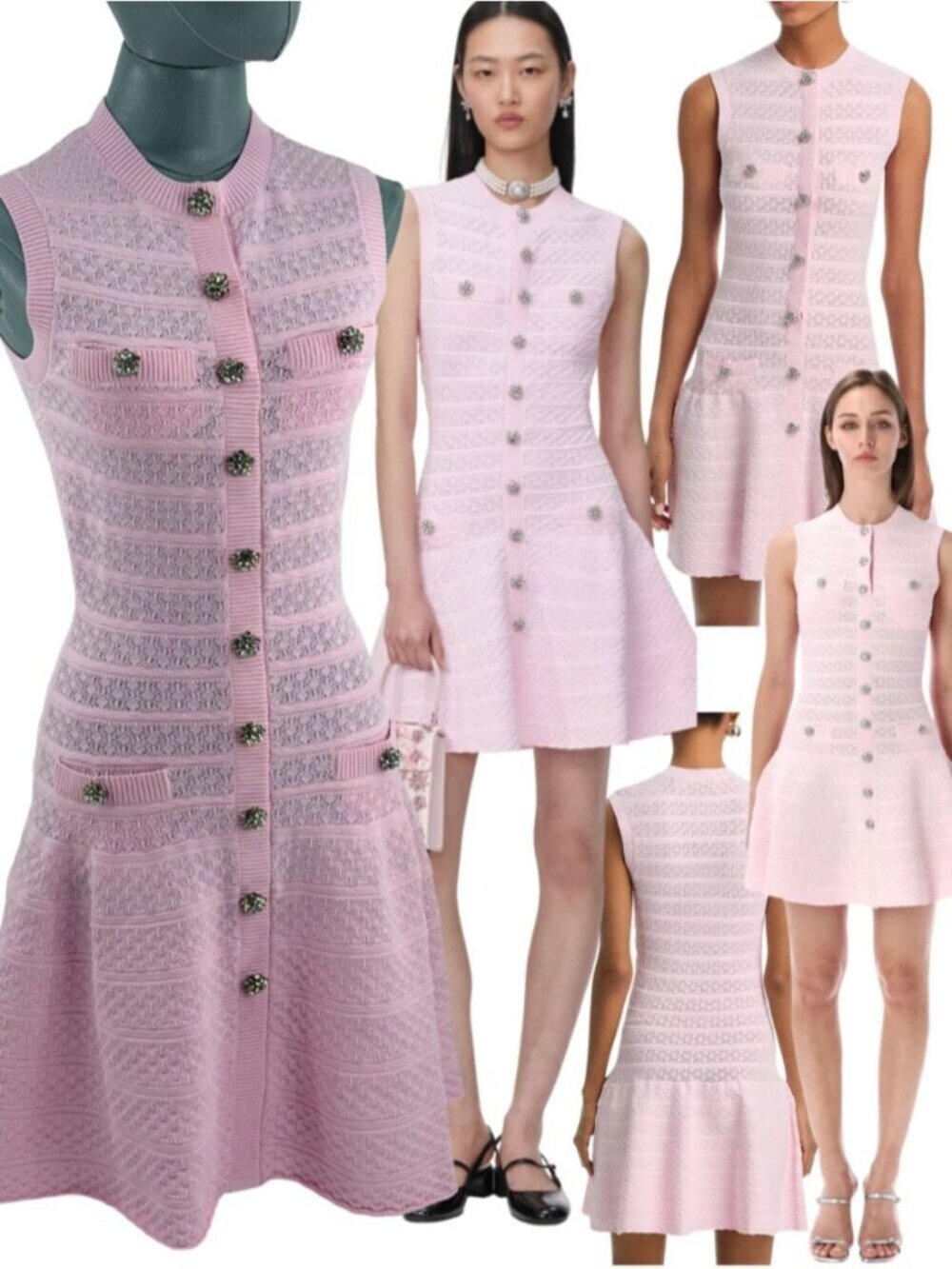 🆕 SELF-PORTRAIT 🧿 NWOT Pink Pointelle Diamante Button Knit Mini Dress, Sz S